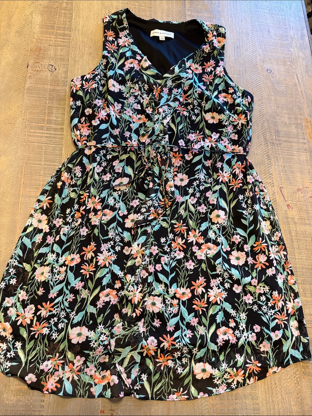 Emma & Michele Black Floral Midi Dress with Pastel Blooms